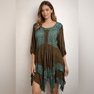 VTG Lotus Traders Plus Size 3X Midi Dress  Batik Tie Tye Boho Asymmetrical fairy